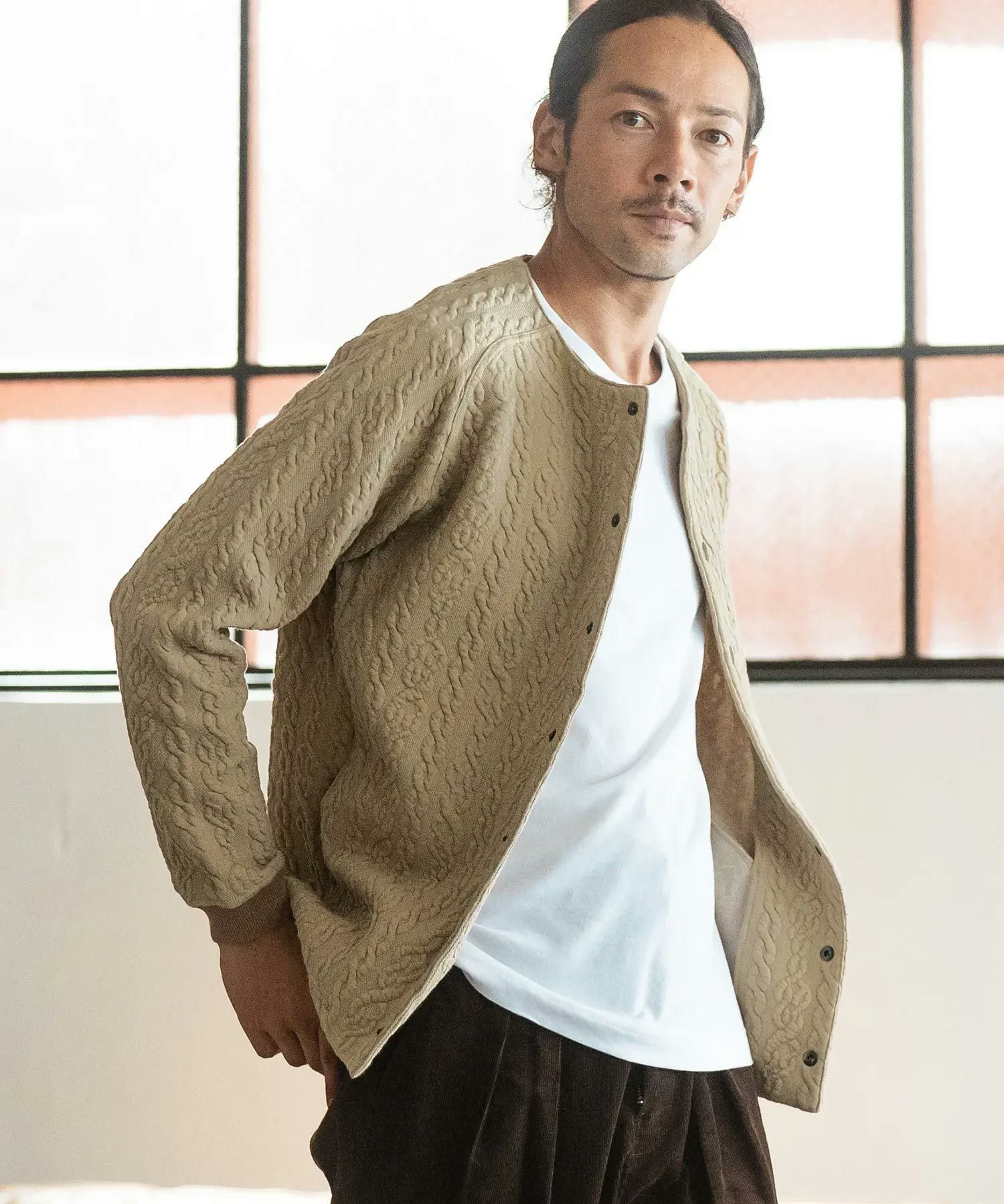 【希少ビンテージ】KAPITAL　リネン ノーカラージャケット ストール 変形 30%OFF【CAMBIO(カンビオ)】Japanese Fabricケーブルキルティングノー