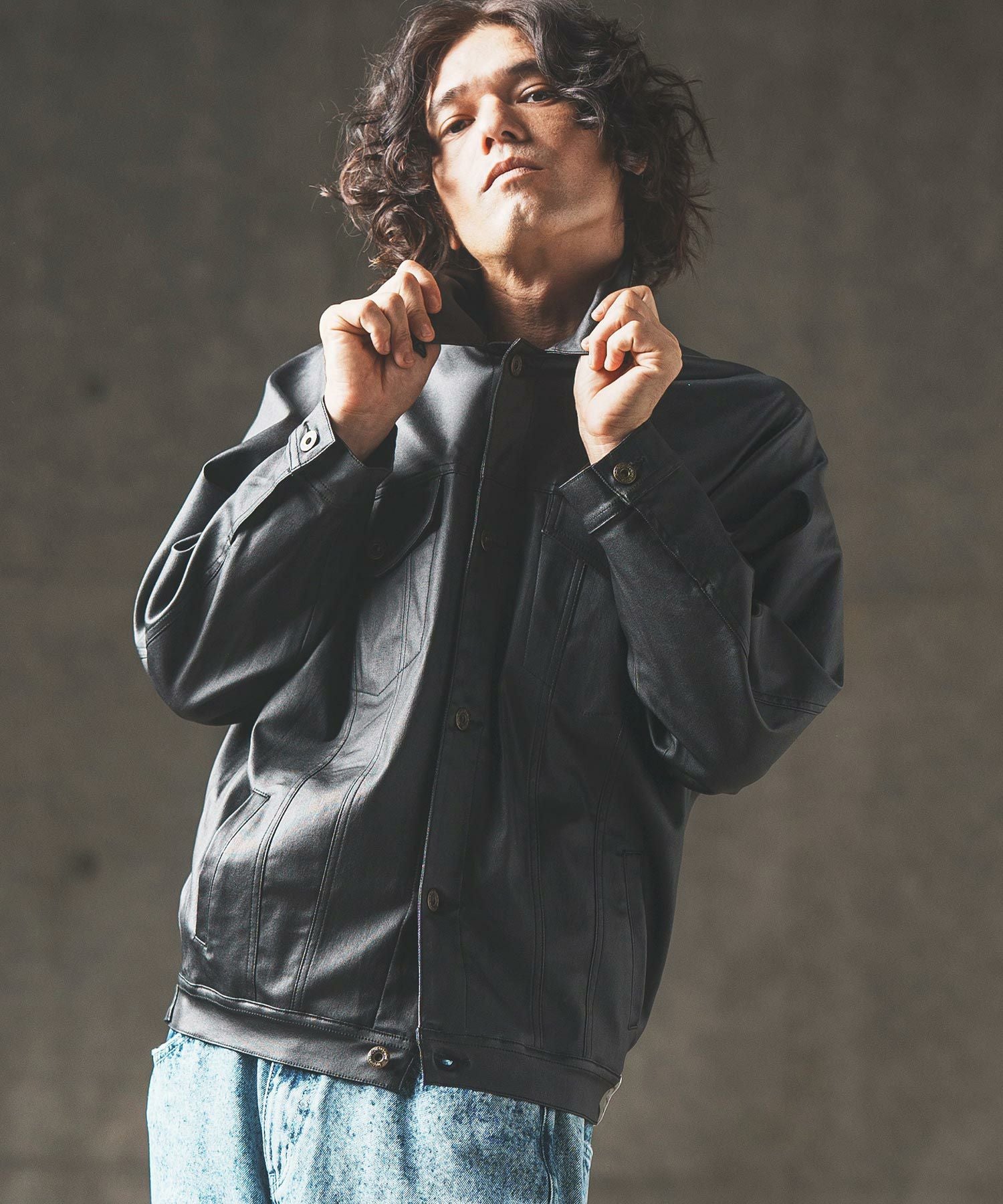 【GLIMCLAP(グリムクラップ)】スーベニアジャケット　CHARCOAL L 30%OFF【GLIMCLAP(グリムクラップ)】Stand collar souvenir jacket