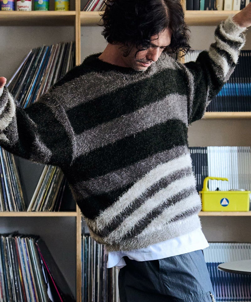 ADAM PATEK(アダムパテック)】shaggy distorted stripes crew knit 