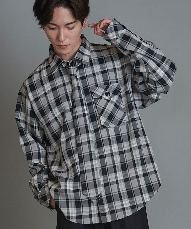 60%OFF【NO ID.(ノーアイディー)】ﾈｸﾀｲ付ﾁｪｯｸSH シャツ(855006-856S