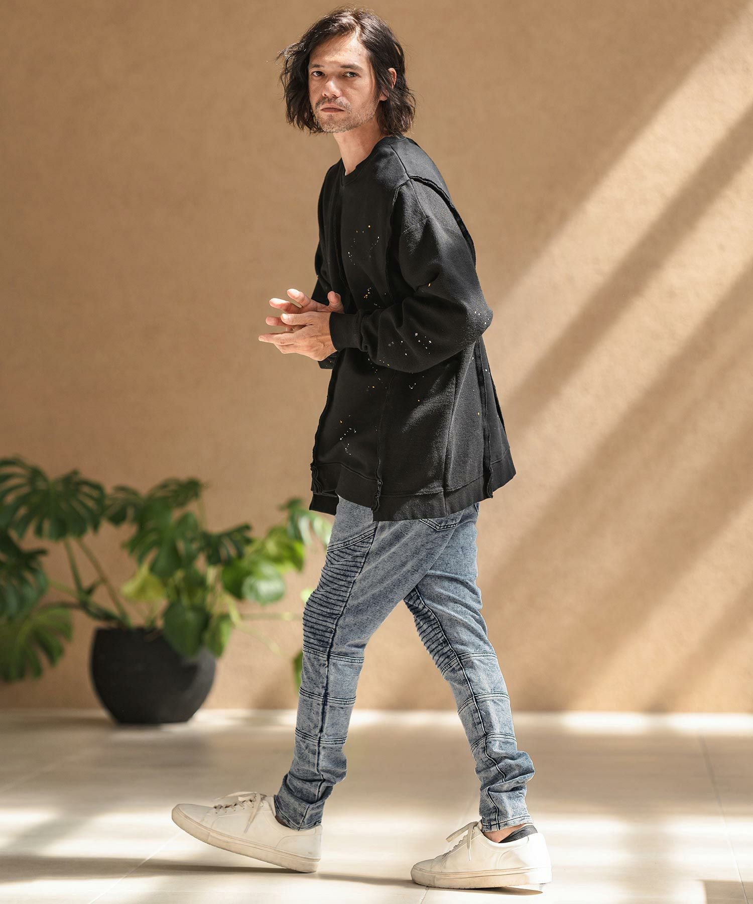 60%OFF【CAMBIO(カンビオ)】カットデニムテーパードバイカーパンツ(CA