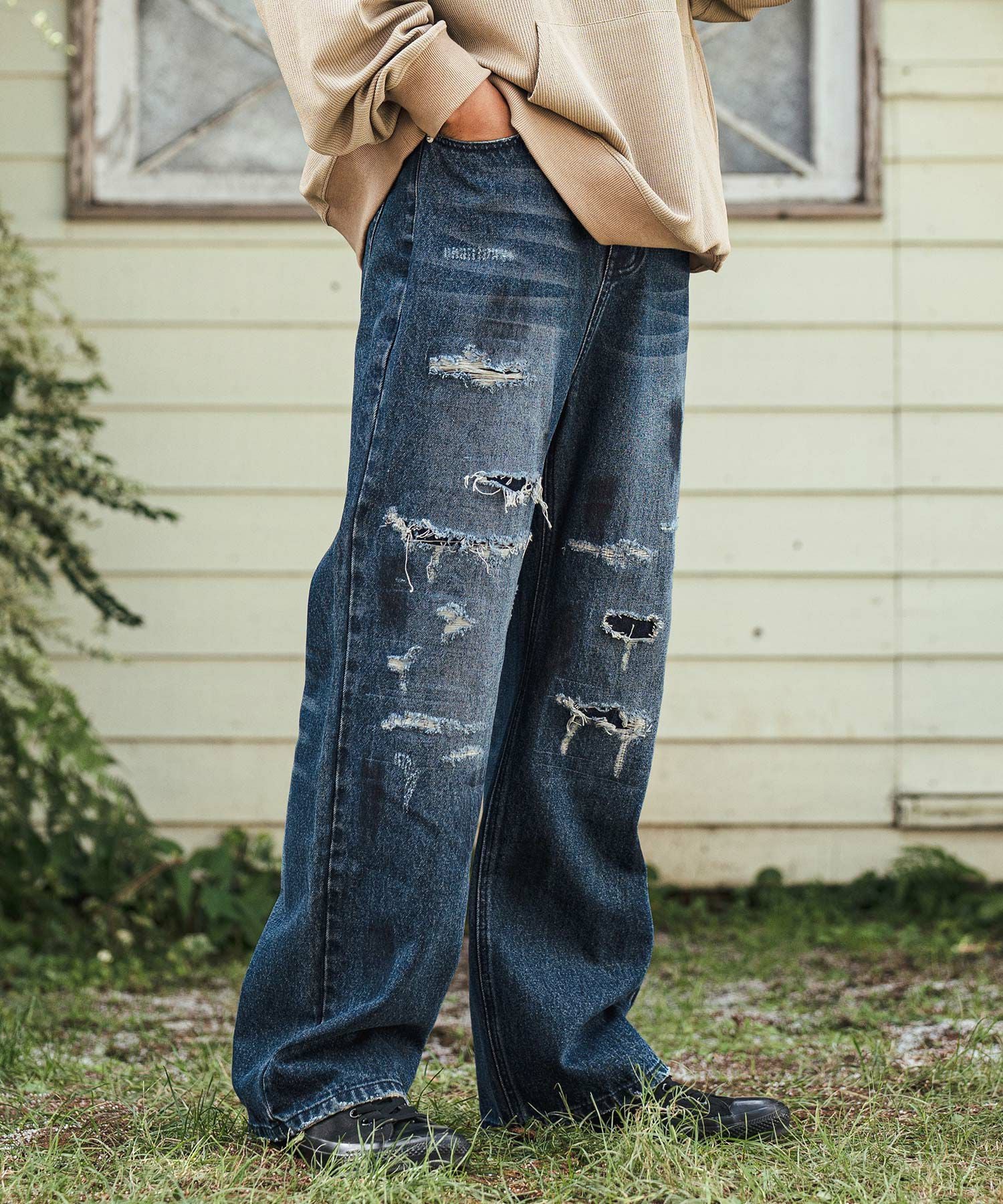 メンズ　CAMBIO カンビオ　デニムパンツ　ワンウォッシュ　M 30%OFF【CAMBIO(カンビオ)】Relax Straight Distressed Denim Pants