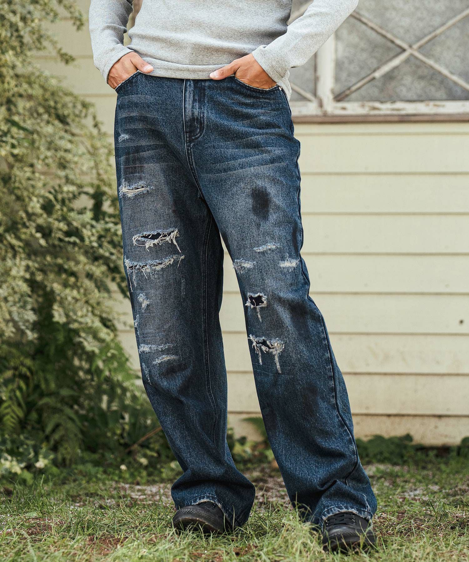 30%OFF【CAMBIO(カンビオ)】Relax Straight Distressed Denim Pants