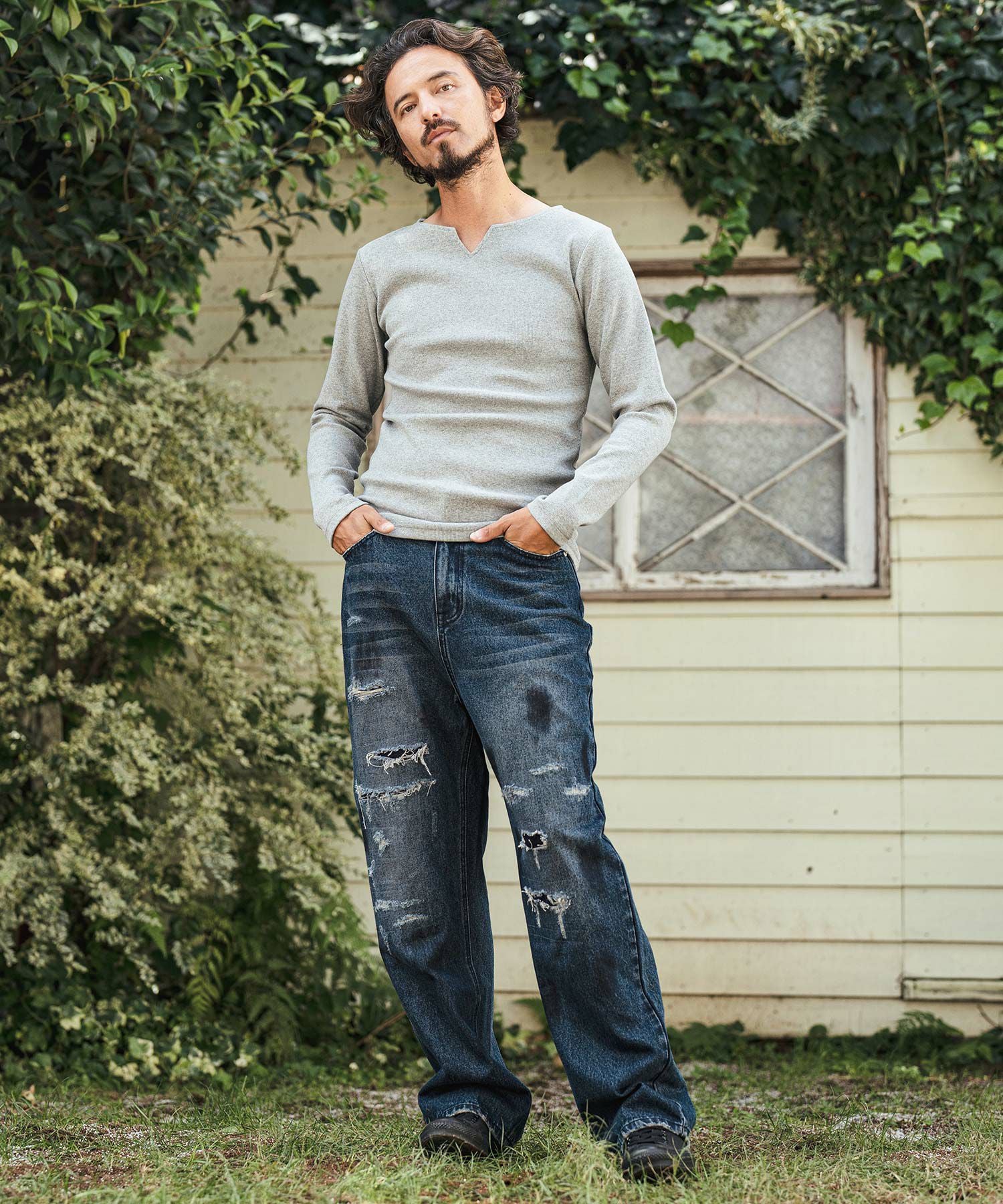 50%OFF【CAMBIO(カンビオ)】Relax Straight Distressed Denim Pants