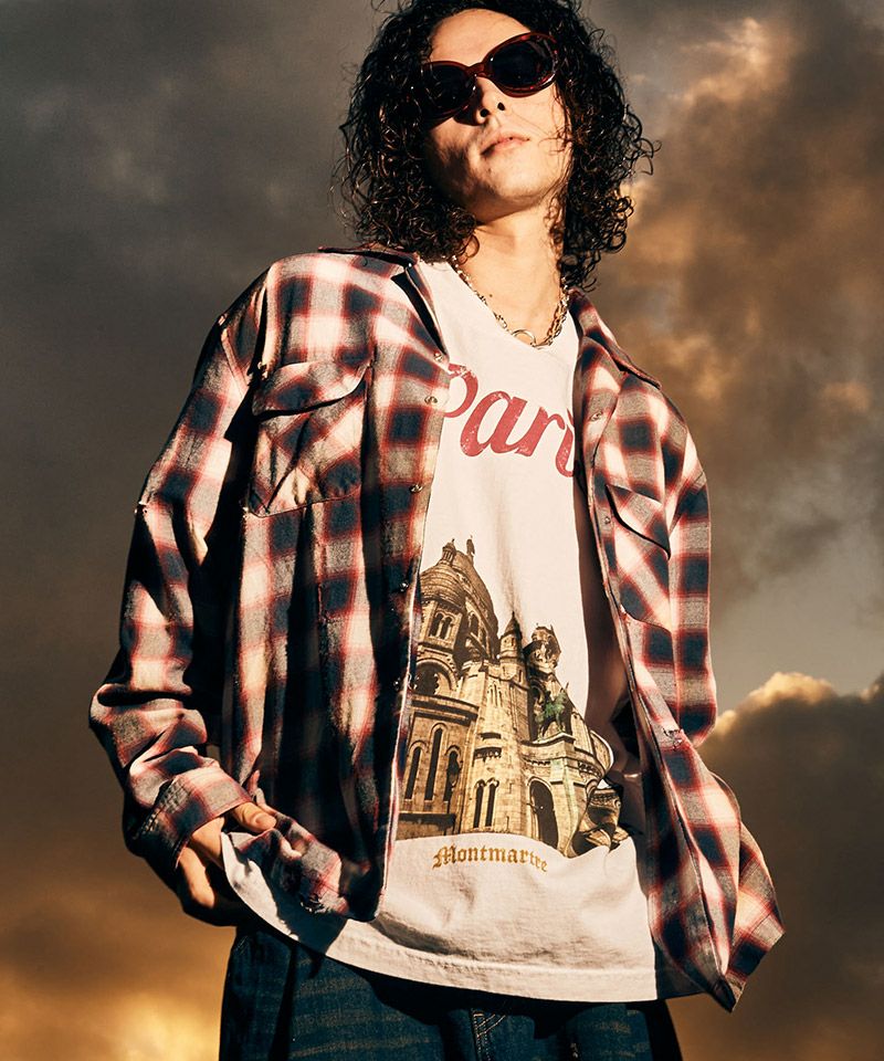 【glamb(グラム)】SMOKE SH スモークシャツ サイズ0 glamb(グラム)】Damage Check Shirt ダメージアンドパールシャツ
