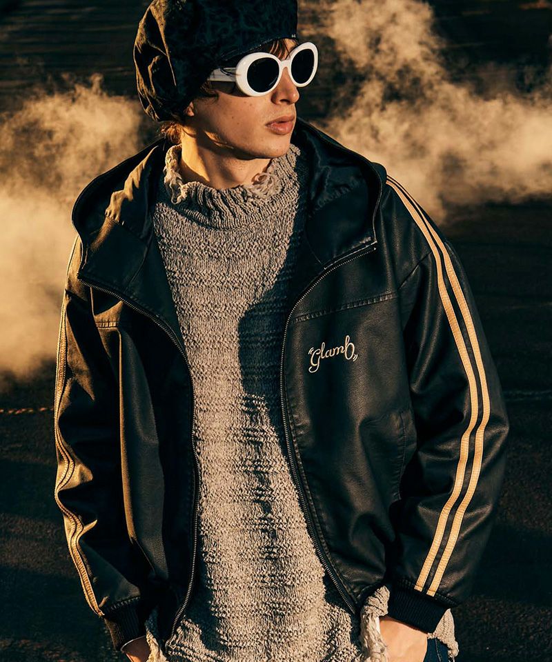 glamb(グラム)】Synth Leather Hooded Track Jacket シンセレザー