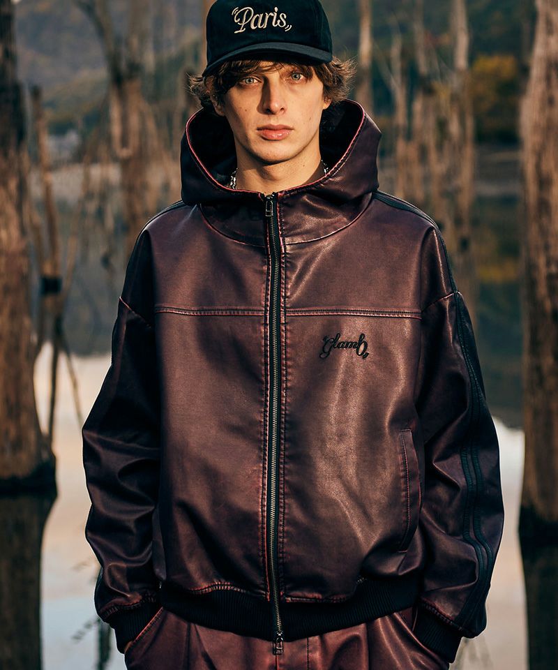 glamb(グラム)】Synth Leather Hooded Track Jacket シンセレザー 