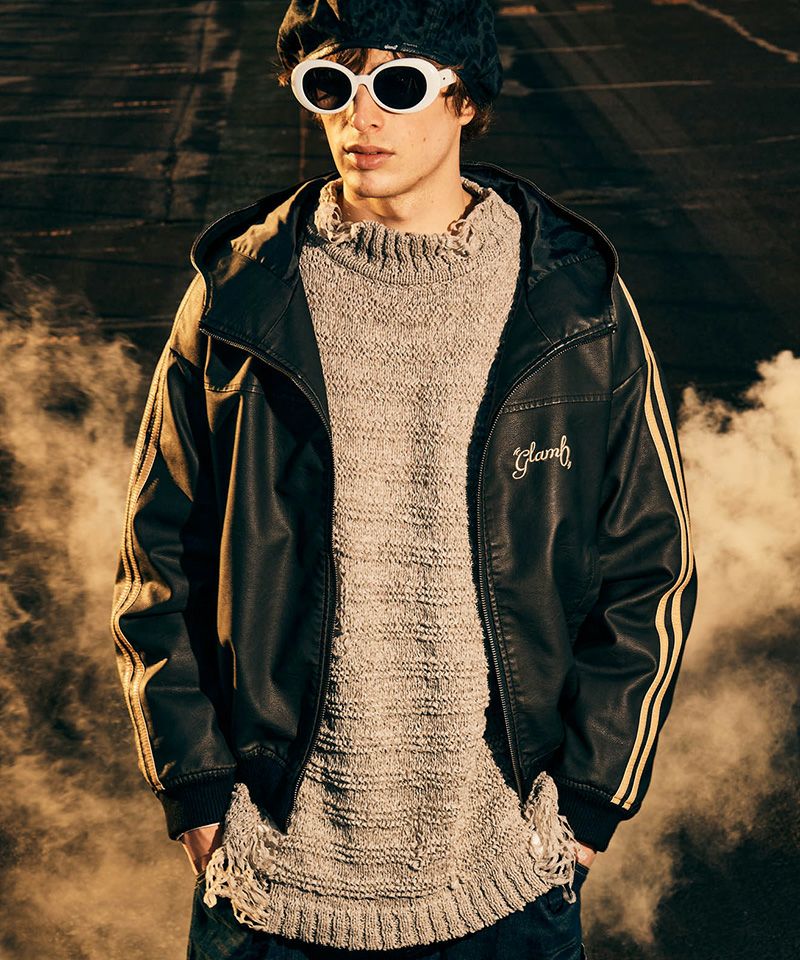 glamb(グラム)】Synth Leather Hooded Track Jacket シンセレザー