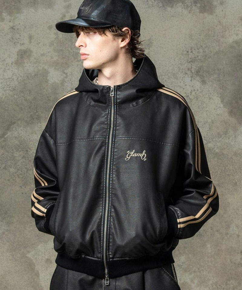 glamb(グラム)】Synth Leather Hooded Track Jacket シンセレザー