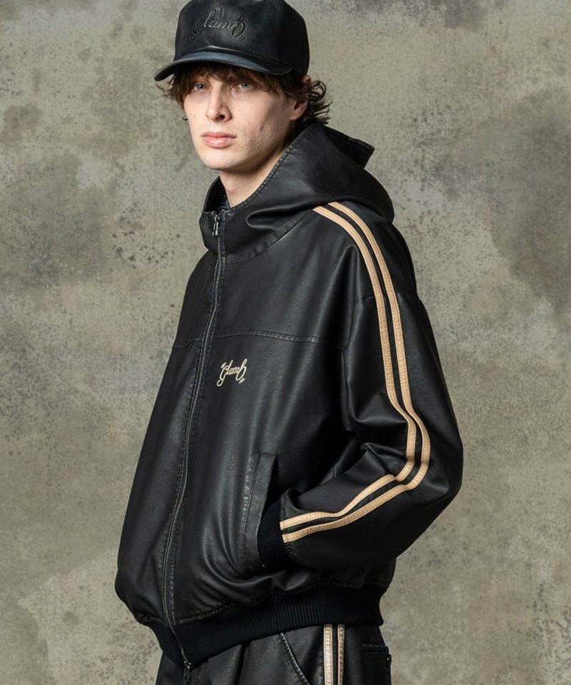 glamb(グラム)】Synth Leather Hooded Track Jacket シンセレザー