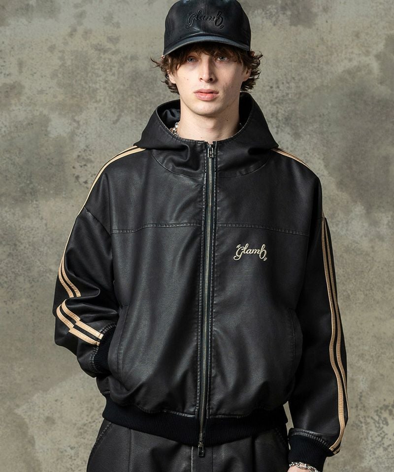 glamb(グラム)】Synth Leather Hooded Track Jacket シンセレザー