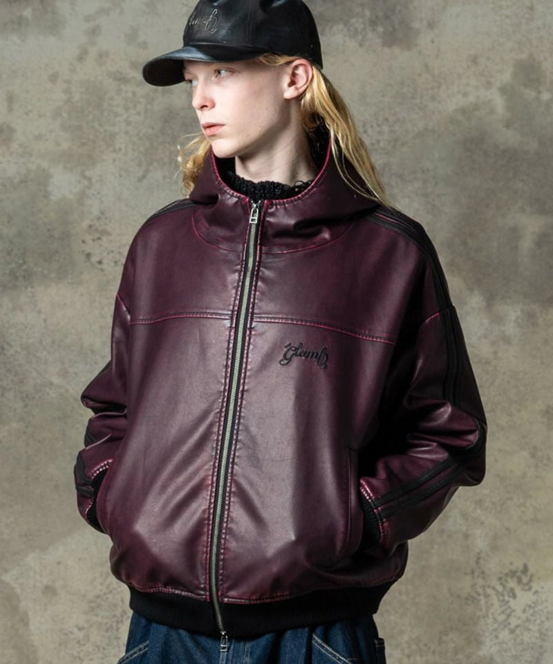 glamb(グラム)】Synth Leather Hooded Track Jacket シンセレザー