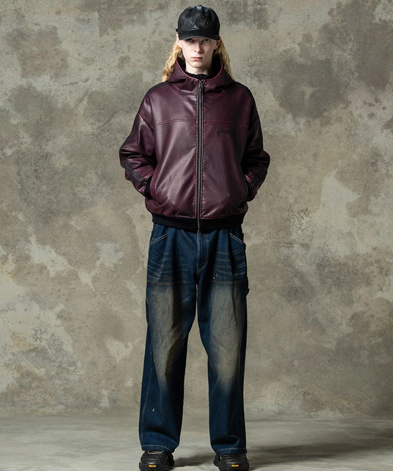 glamb(グラム)】Synth Leather Hooded Track Jacket シンセレザー 
