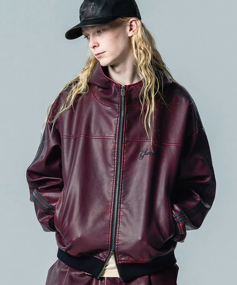 glamb(グラム)】Synth Leather Hooded Track Jacket シンセレザー 