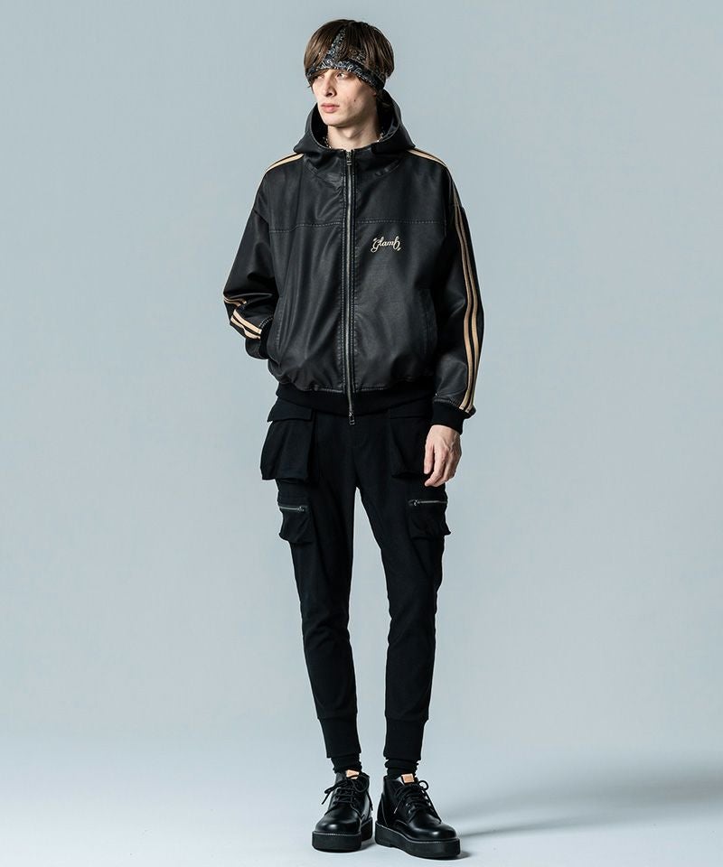 glamb(グラム)】Synth Leather Hooded Track Jacket シンセレザー 