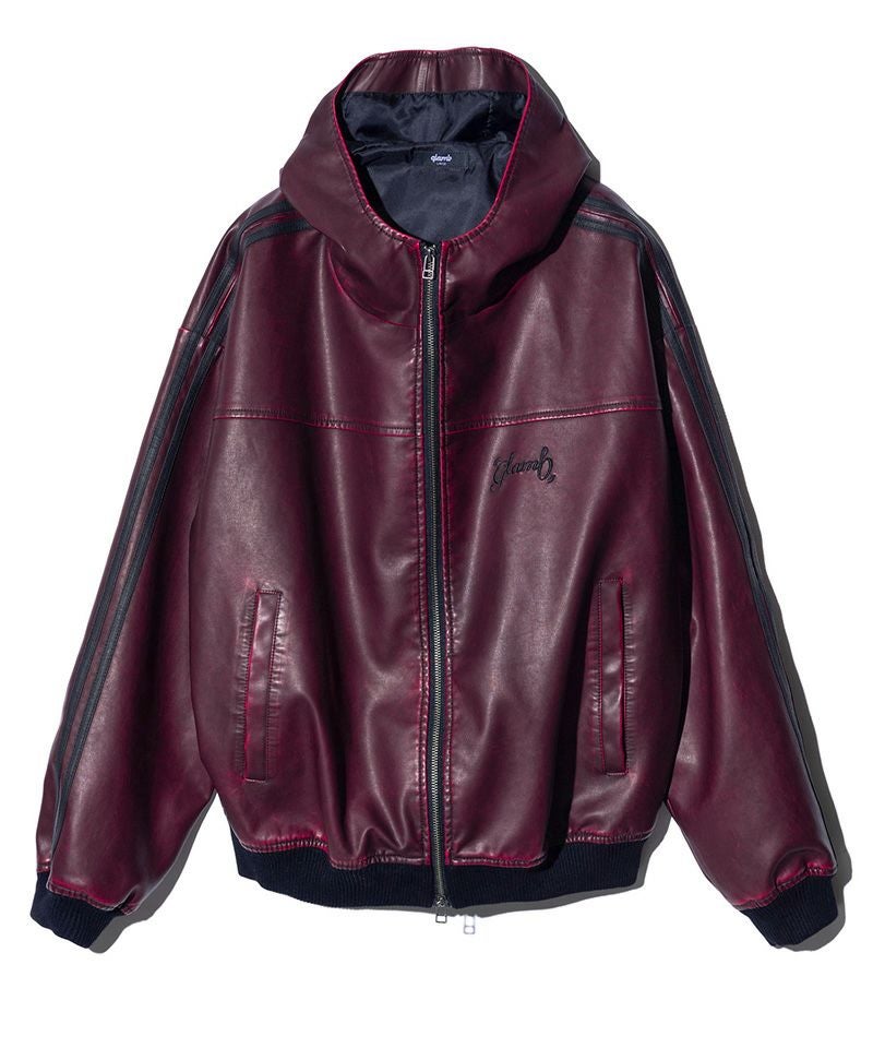 glamb グラム 変形アシンメトリーデザイン ラムレザージャケット ブラウン glamb(グラム)】Synth Leather Hooded Track Jacket シンセレザー