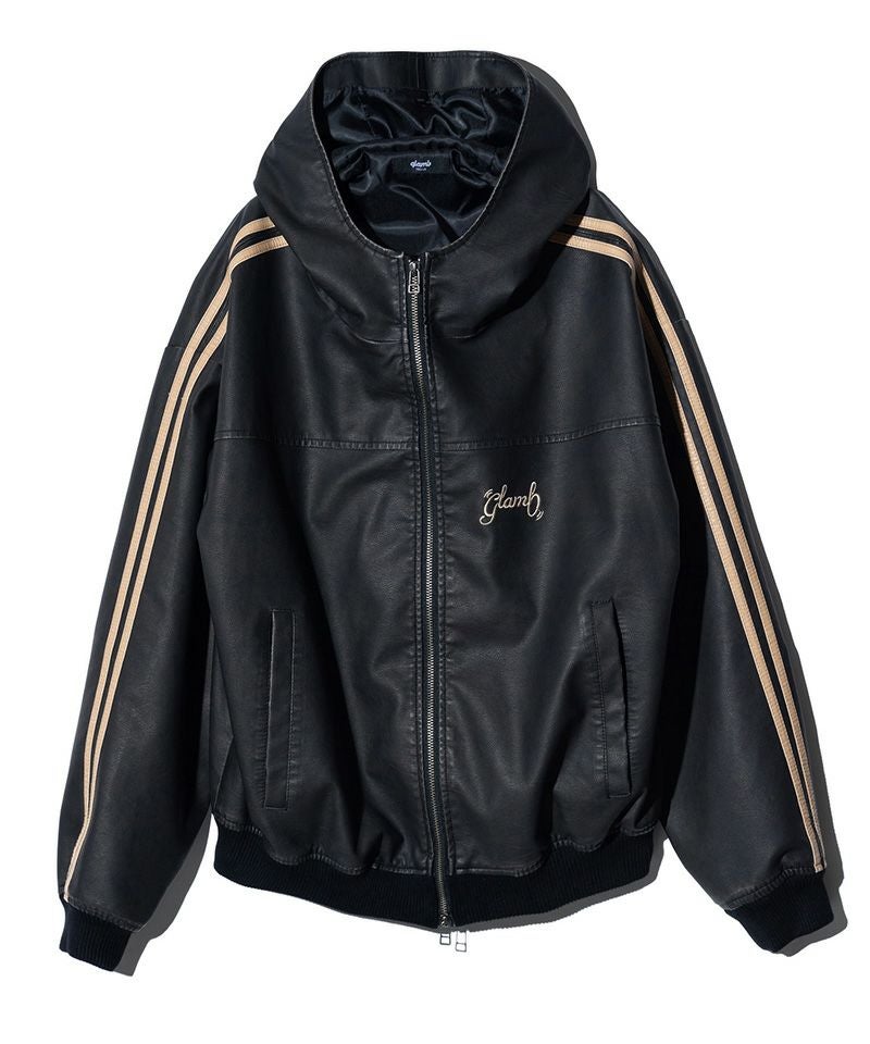 glamb(グラム)】Synth Leather Hooded Track Jacket シンセレザー
