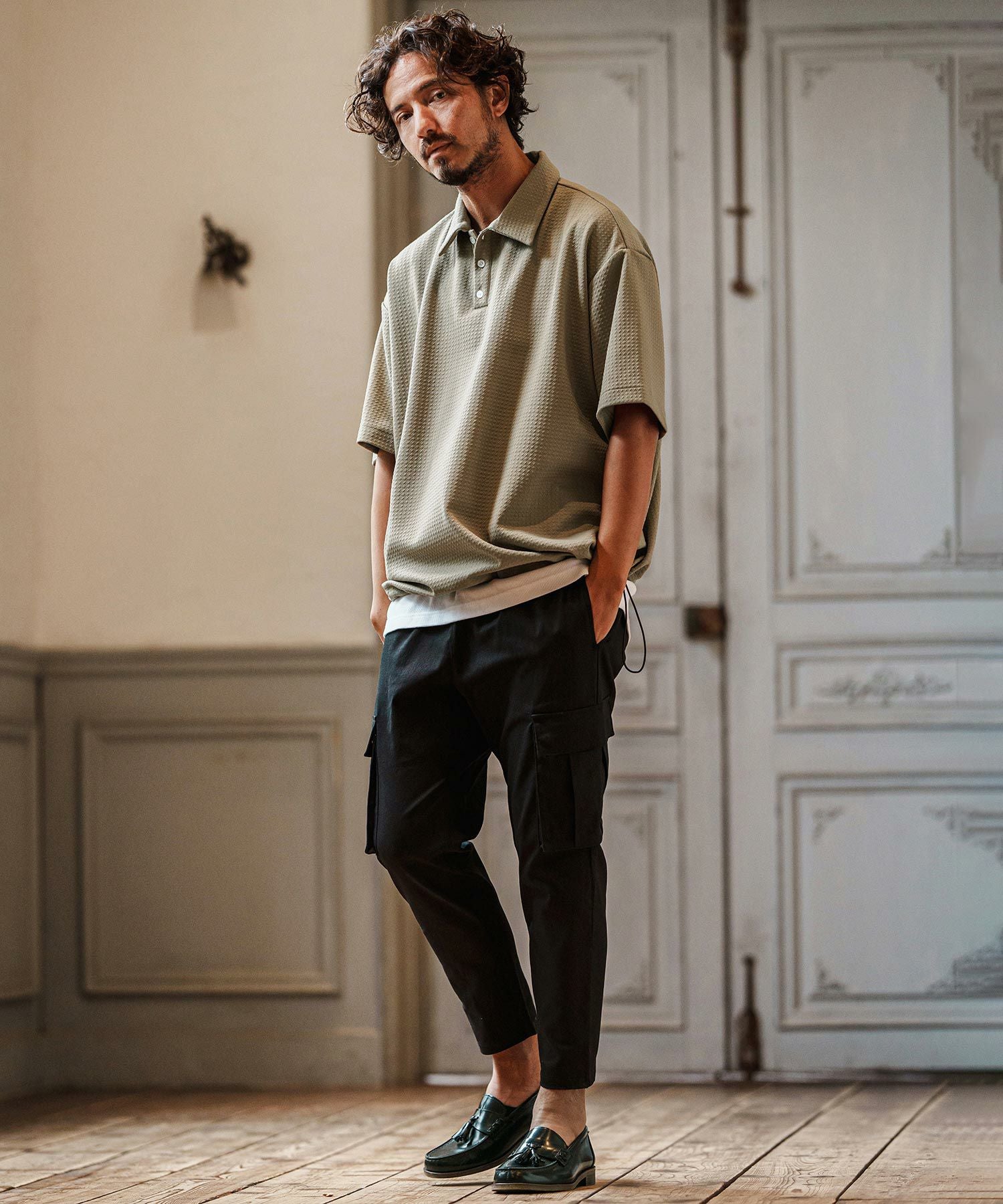 30%OFF【CAMBIO(カンビオ)】裾絞りジャガードカットポロシャツ(CMB