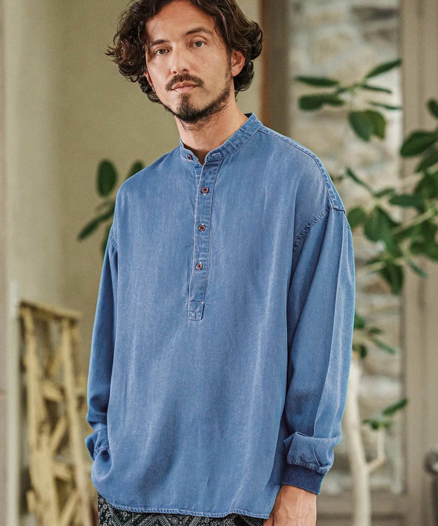 CAMBIO(カンビオ)】Silky Denim Cuffs Rib Skipper Pullover Shirts