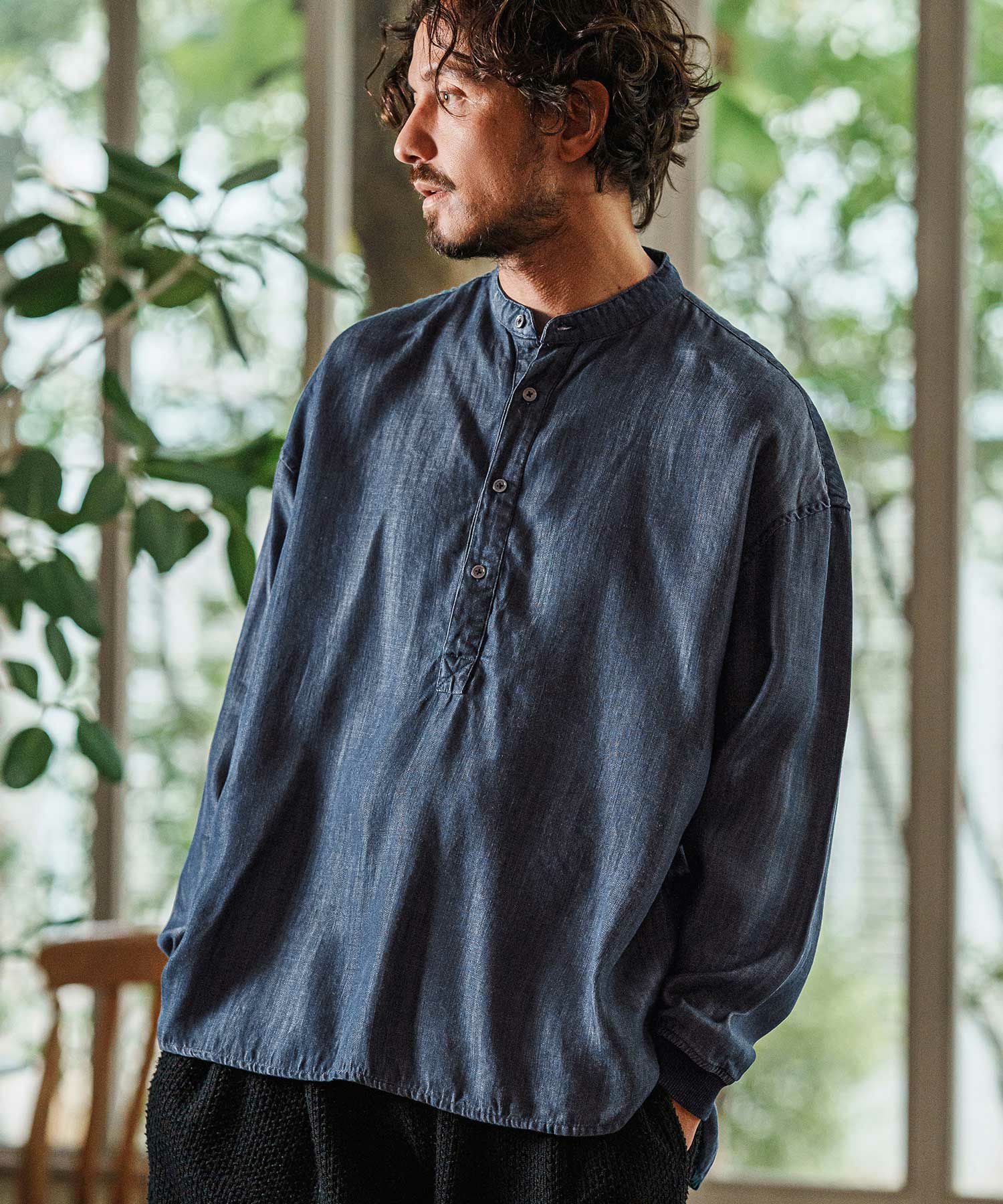 CAMBIO(カンビオ)】Silky Denim Cuffs Rib Skipper Pullover Shirts