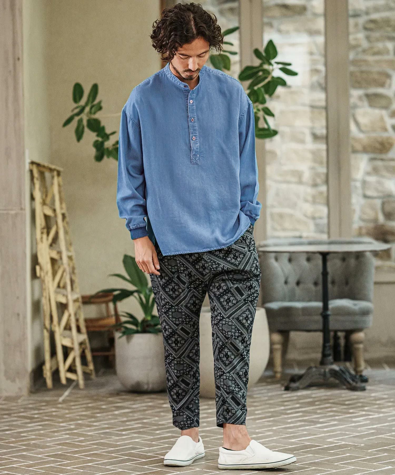 CAMBIO(カンビオ)】Silky Denim Cuffs Rib Skipper Pullover Shirts