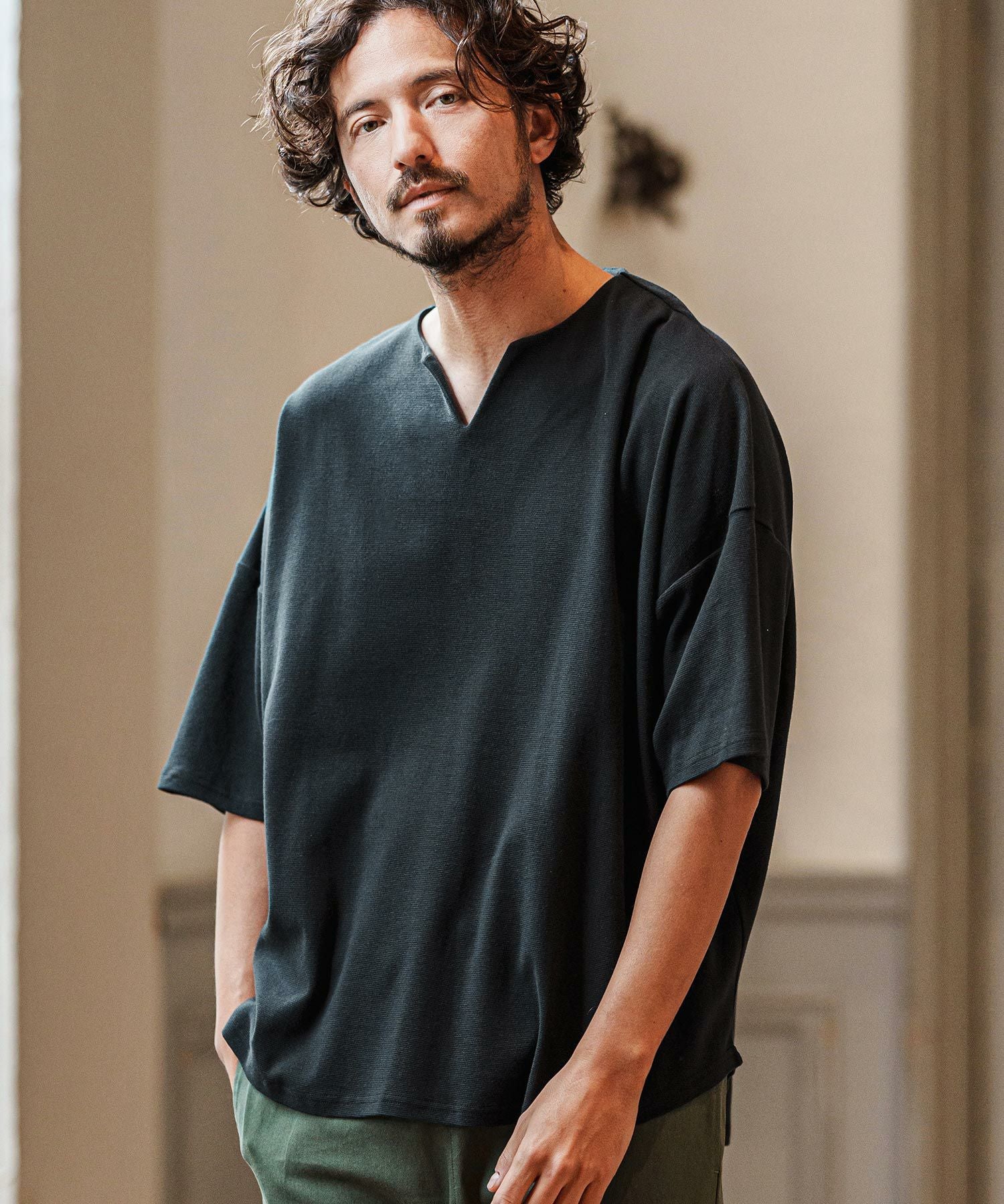 50%OFF【CAMBIO(カンビオ)】Sleeve Mesh Zipper Henley Neck Cut sew T