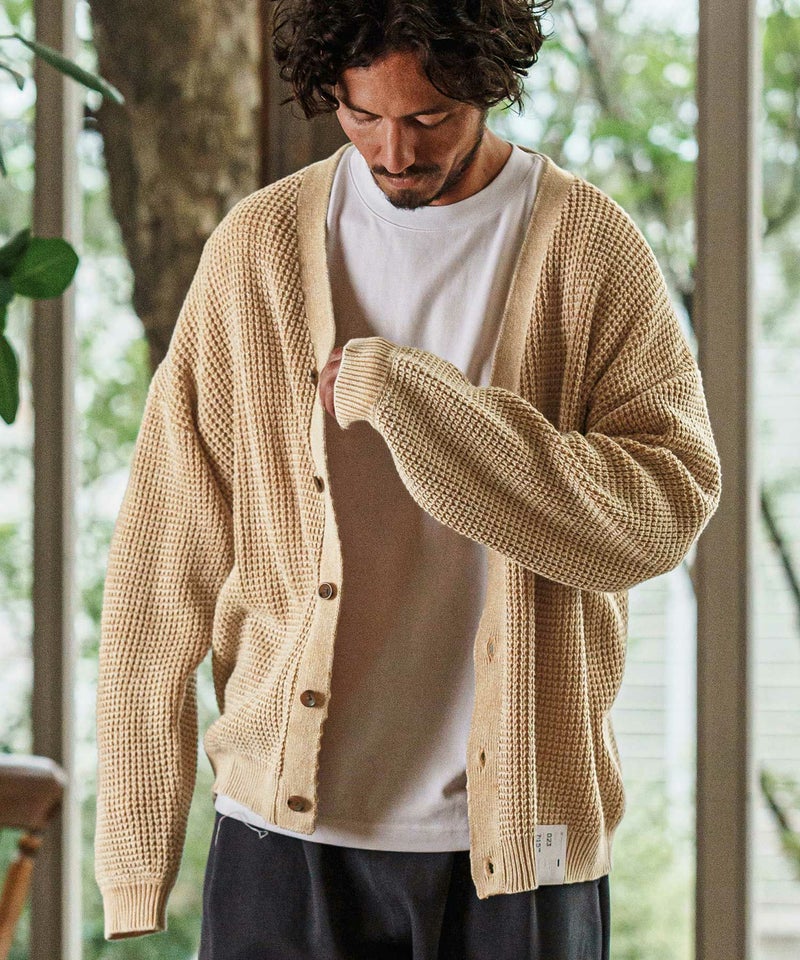 CAMBIO(カンビオ)】Powder Bleached Waffle Cotton Knit Cardigan 