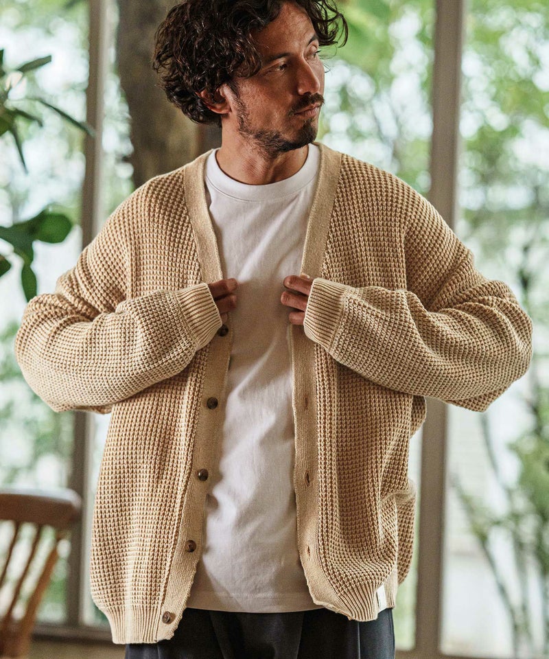 CAMBIO(カンビオ)】Powder Bleached Waffle Cotton Knit Cardigan 