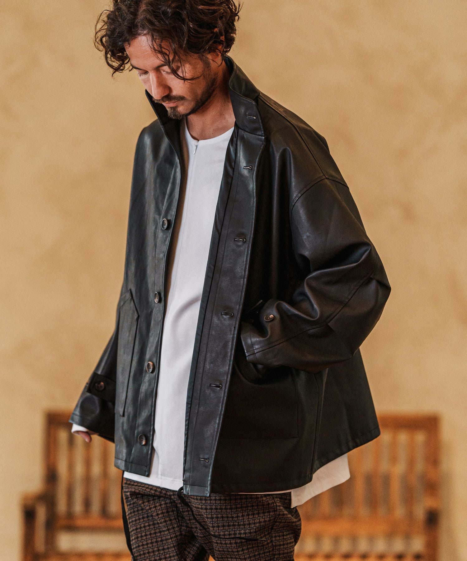 50%OFF【CAMBIO(カンビオ)】Synthetic Leather Military Stand Collar