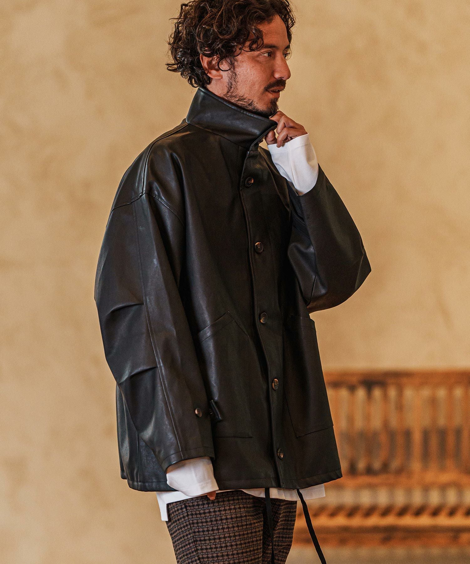 4日間限定値下げ‼️【CAMBIO】フェイクレザージャケット CAMBIO(カンビオ)】Synthetic Leather Military Stand Collar
