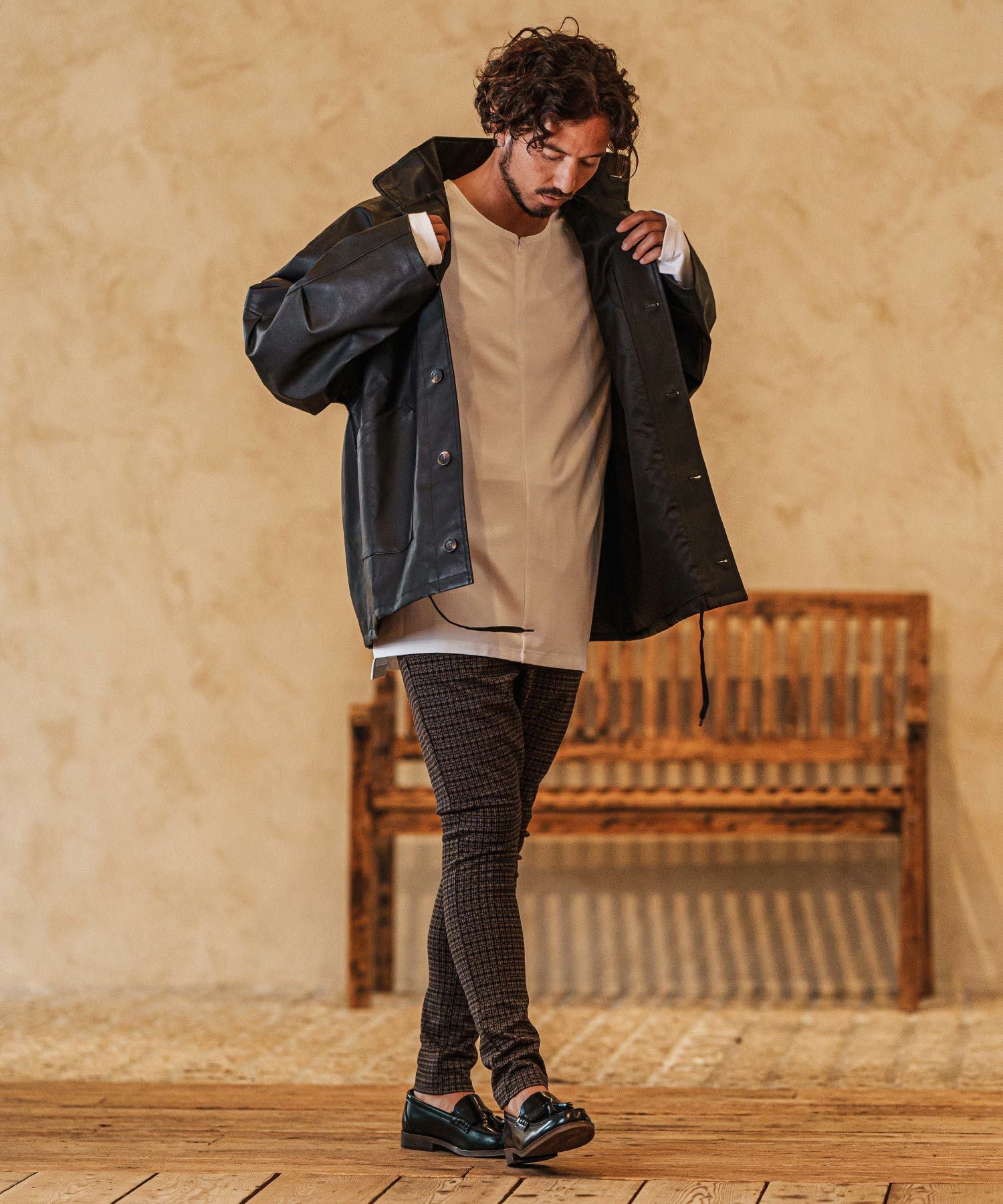 4日間限定値下げ‼️【CAMBIO】フェイクレザージャケット CAMBIO(カンビオ)】Synthetic Leather Military Stand Collar