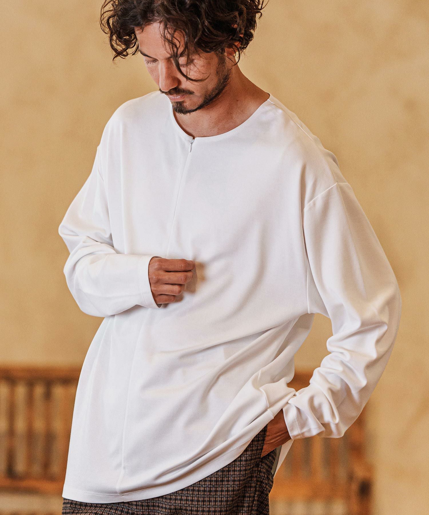 CAMBIO(カンビオ)】Zip Up Henley Neck Waffle Cut sew Tシャツ