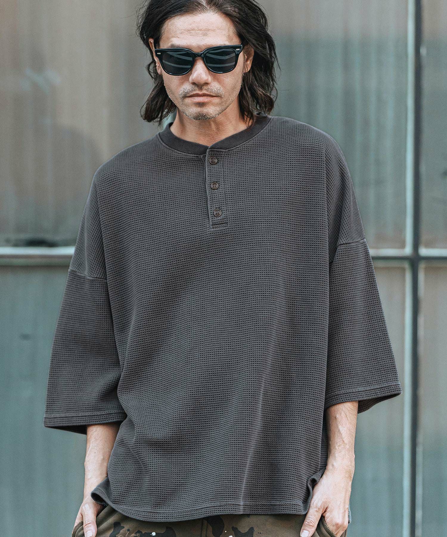 CAMBIO(カンビオ)】Pigment Waffl Henley Neck Cut sew ヘンリーネック