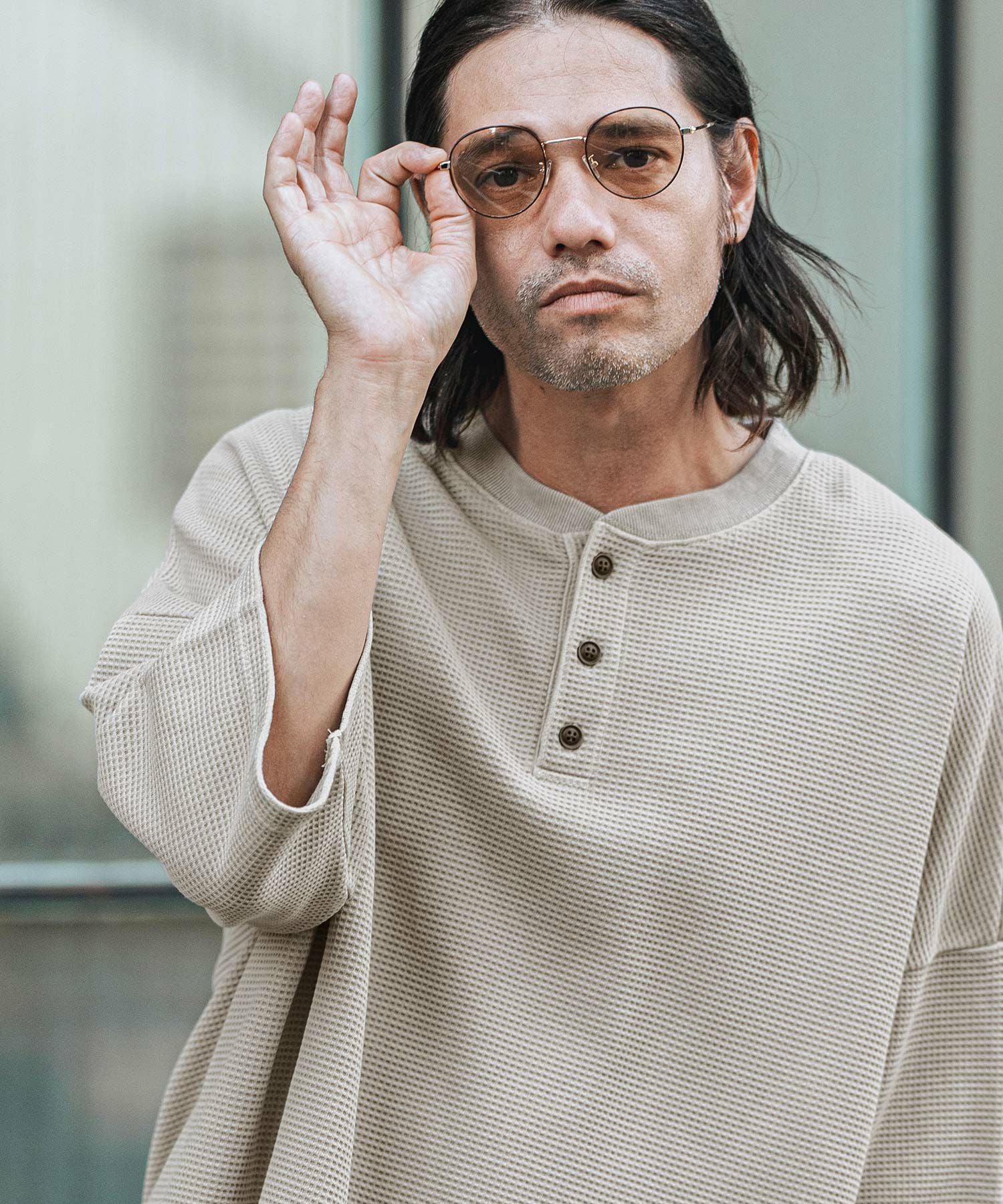 CAMBIO(カンビオ)】Pigment Waffl Henley Neck Cut sew ヘンリーネック