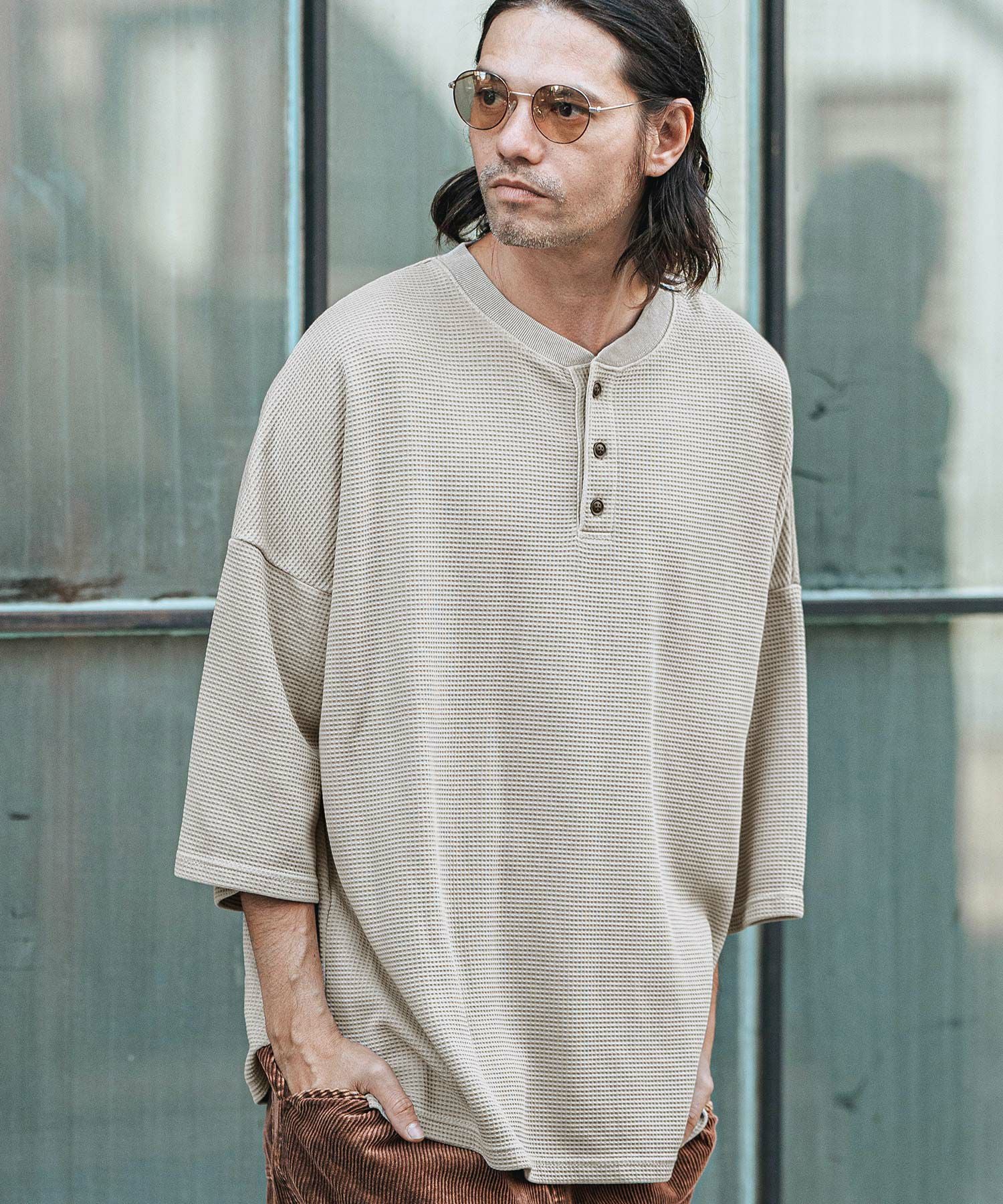 CAMBIO(カンビオ)】Pigment Waffl Henley Neck Cut sew ヘンリーネック