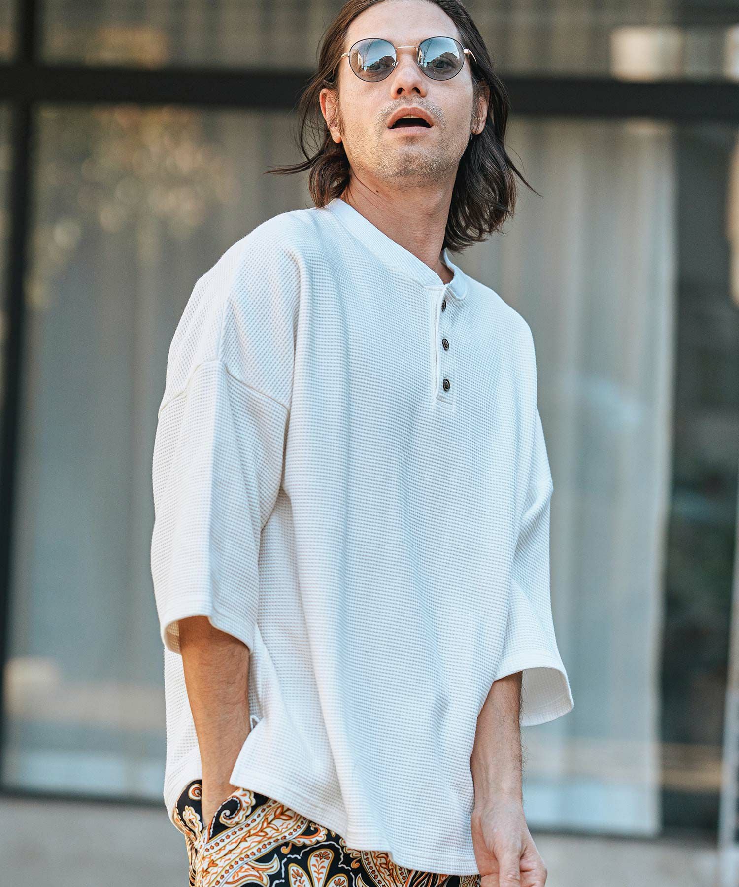 CAMBIO(カンビオ)】Pigment Waffl Henley Neck Cut sew ヘンリーネック