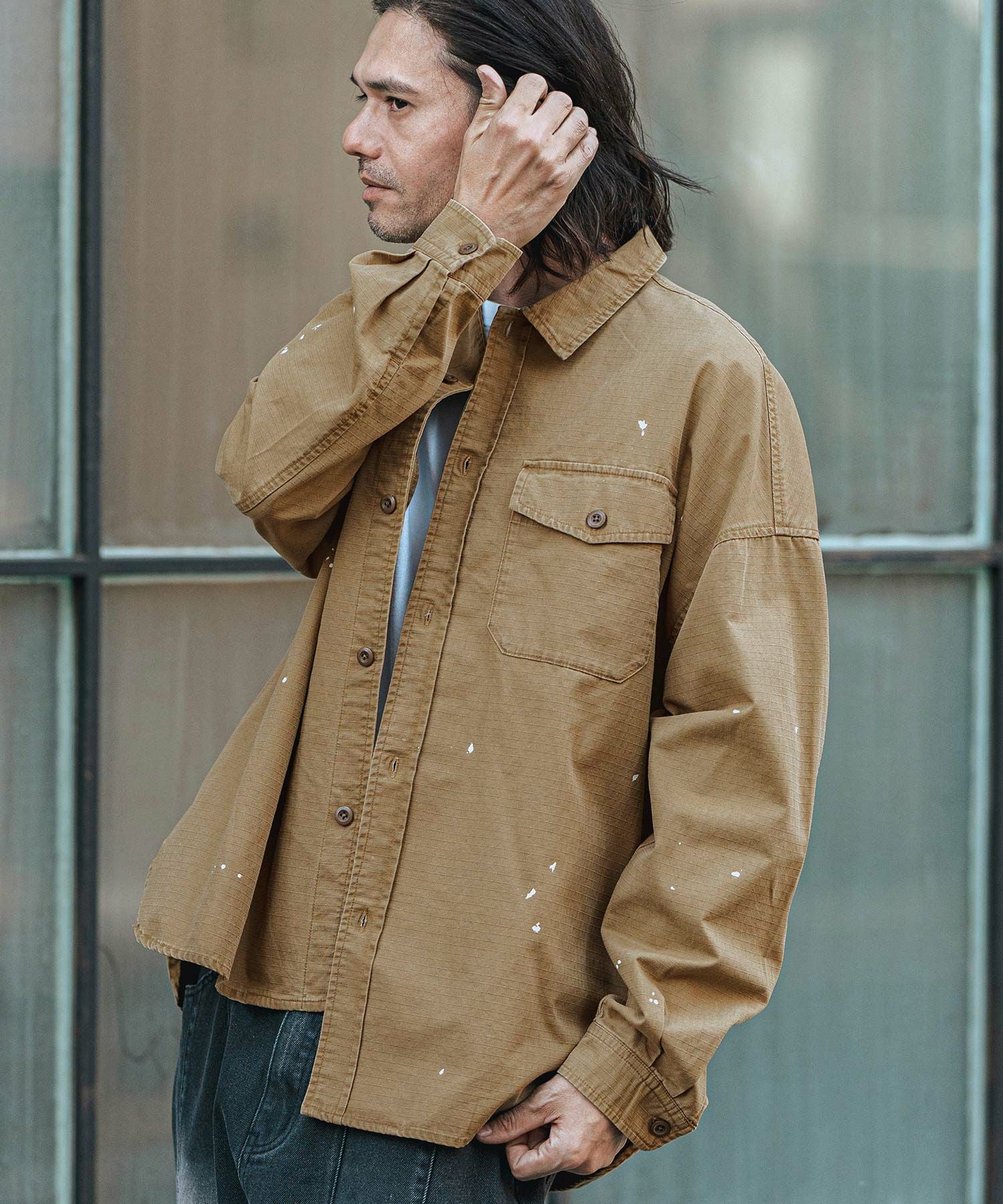 30%OFF【CAMBIO(カンビオ)】Biowash Ripstop Paint Shirts ミリタリー