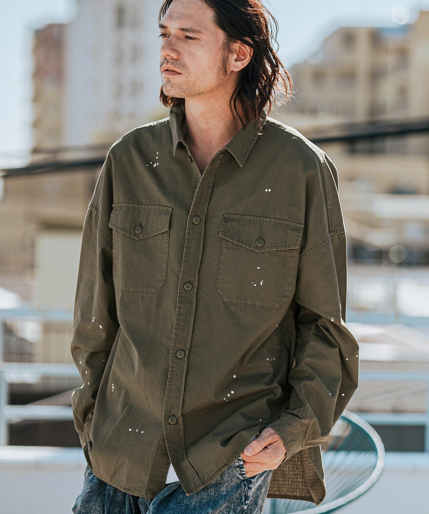 30%OFF【CAMBIO(カンビオ)】Biowash Ripstop Paint Shirts ミリタリー