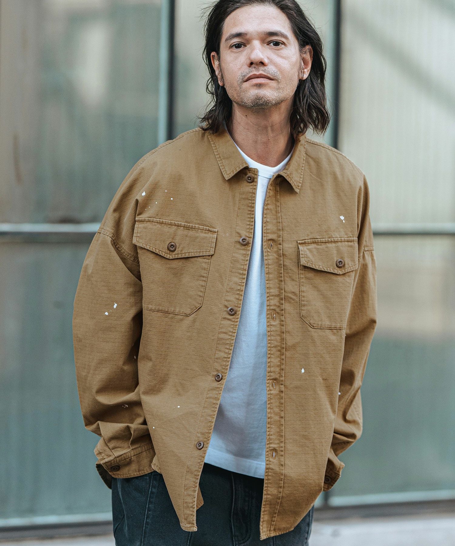 50%OFF【CAMBIO(カンビオ)】Biowash Ripstop Paint Shirts ミリタリー