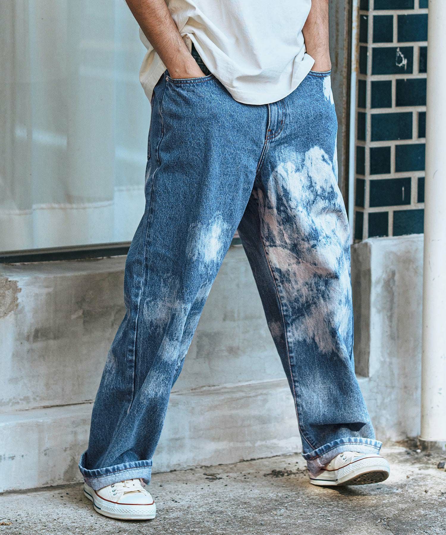 30%OFF【CAMBIO(カンビオ)】Random Bleach Wide Straight Denim Pants
