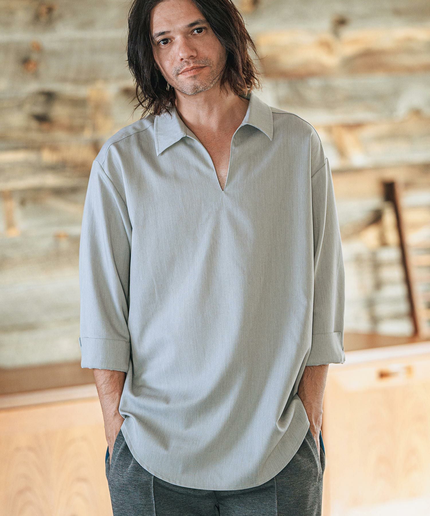 CAMBIO(カンビオ)】Drape 3-4 Sleeve Skipper Pullover Shirts 七分袖