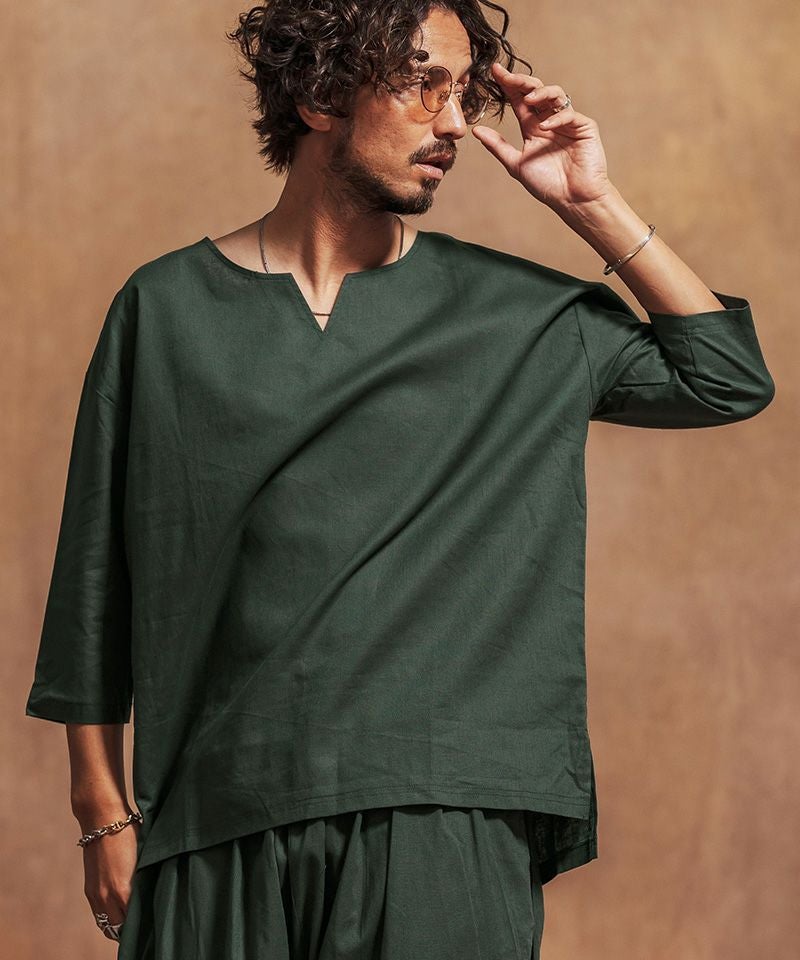Jih Nunc(ジーヌンク)】コットンリネンキーネック7分袖プルオーバー