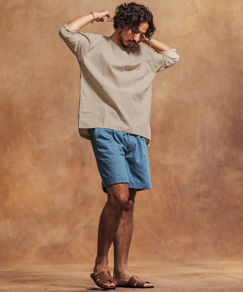30%OFF【Jih Nunc(ジーヌンク)】コットンリネンキーネック7分袖プル