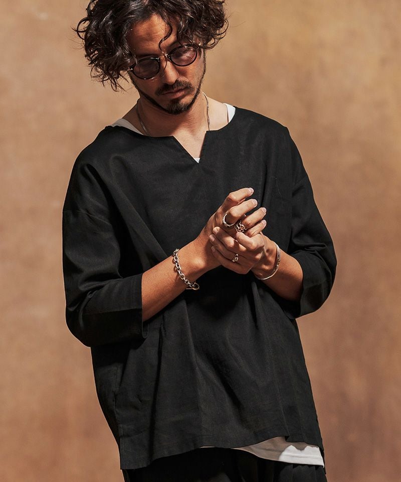 30%OFF【Jih Nunc(ジーヌンク)】コットンリネンキーネック7分袖プル