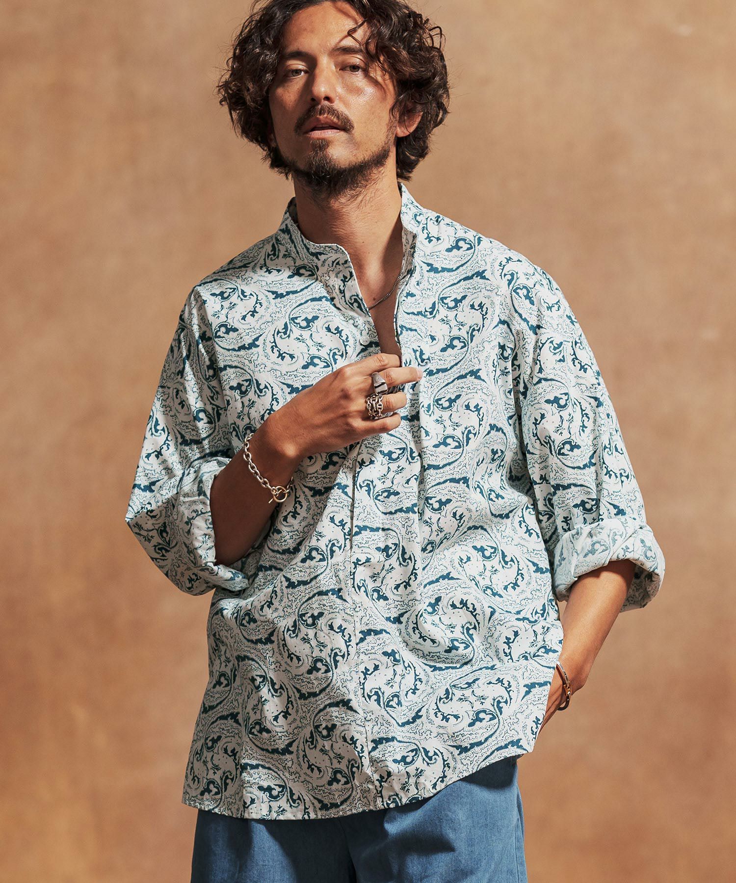 50%OFF【Jih Nunc(ジーヌンク)】総柄バンドカラープルオーバーシャツ