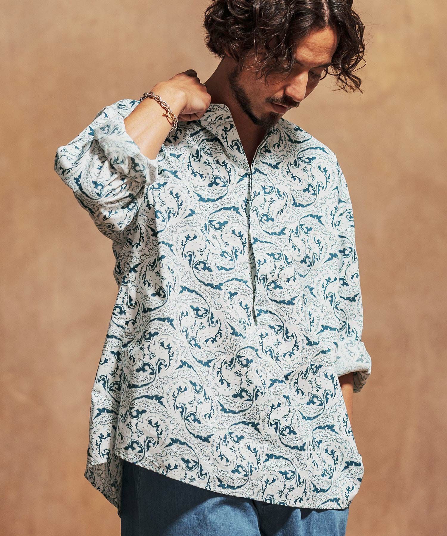 50%OFF【Jih Nunc(ジーヌンク)】総柄バンドカラープルオーバーシャツ