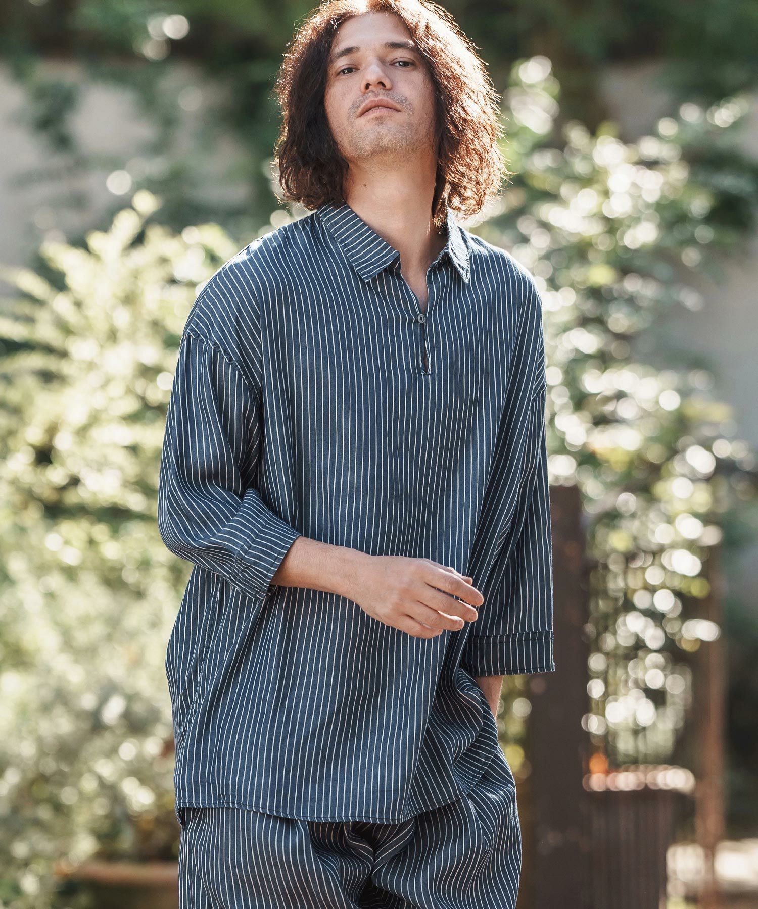 CAMBIO(カンビオ)】Silky Stripe Denim Band Collar Skipper 3-4