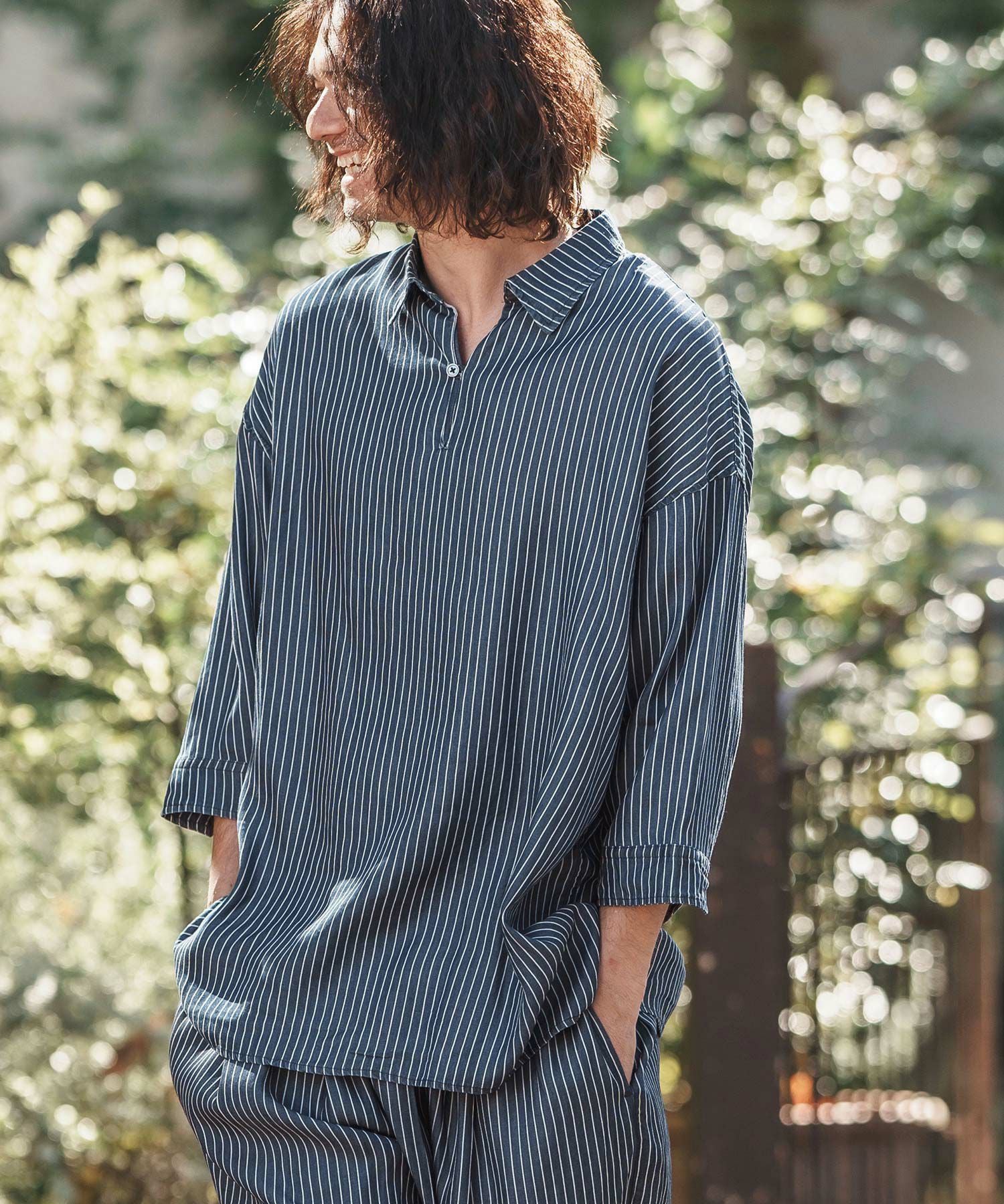 CAMBIO(カンビオ)】Silky Stripe Denim Band Collar Skipper 3-4