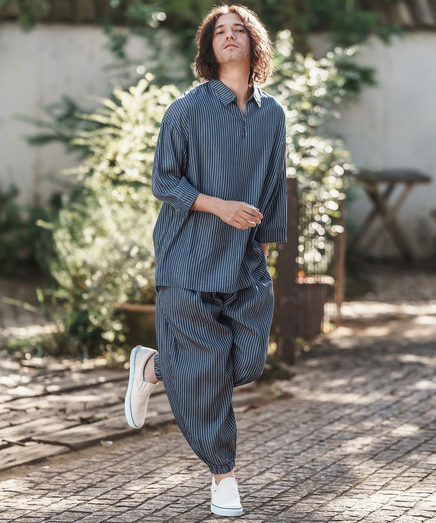 CAMBIO(カンビオ)】Silky Stripe Denim Band Collar Skipper 3-4