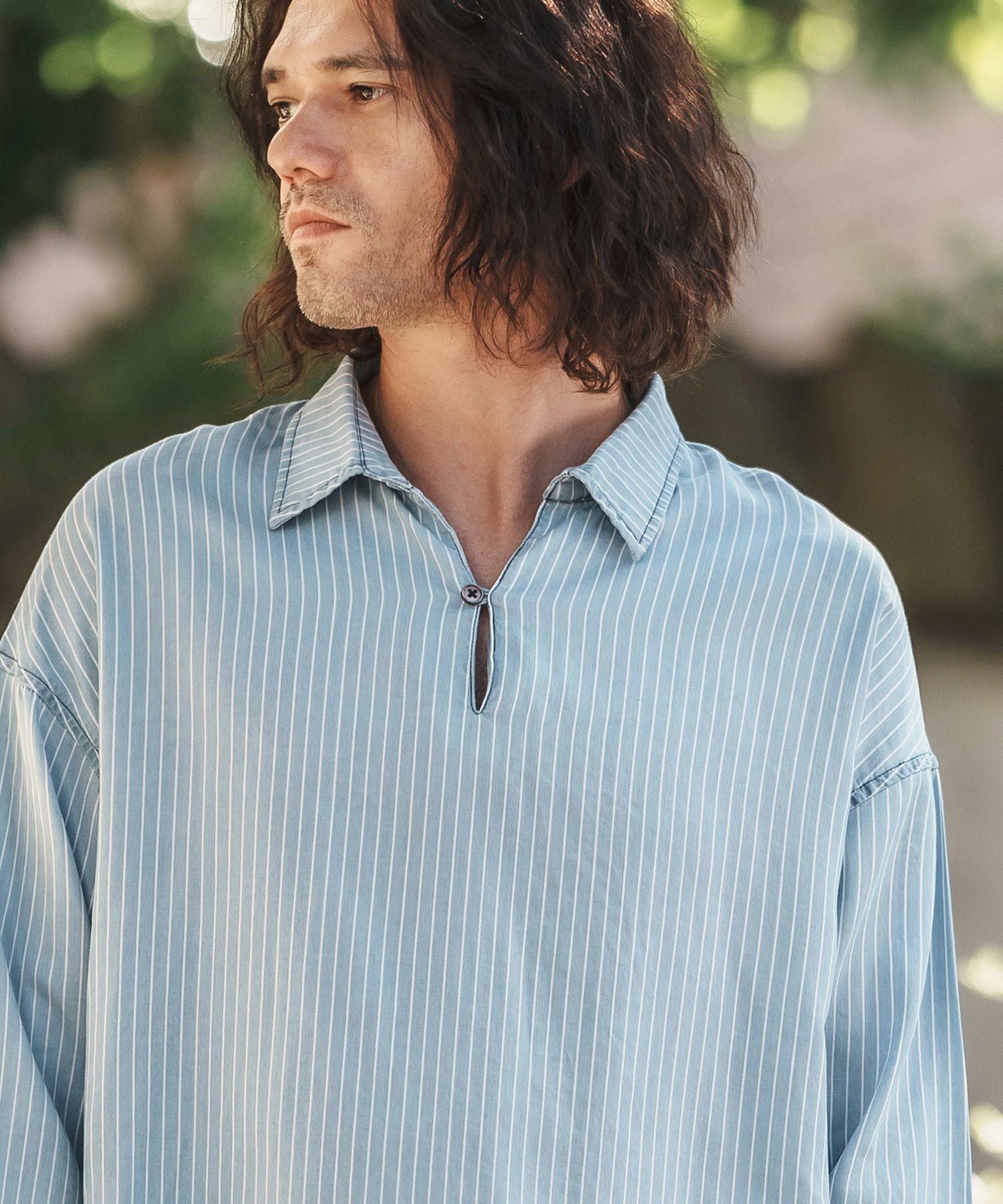 CAMBIO(カンビオ)】Silky Stripe Denim Band Collar Skipper 3-4